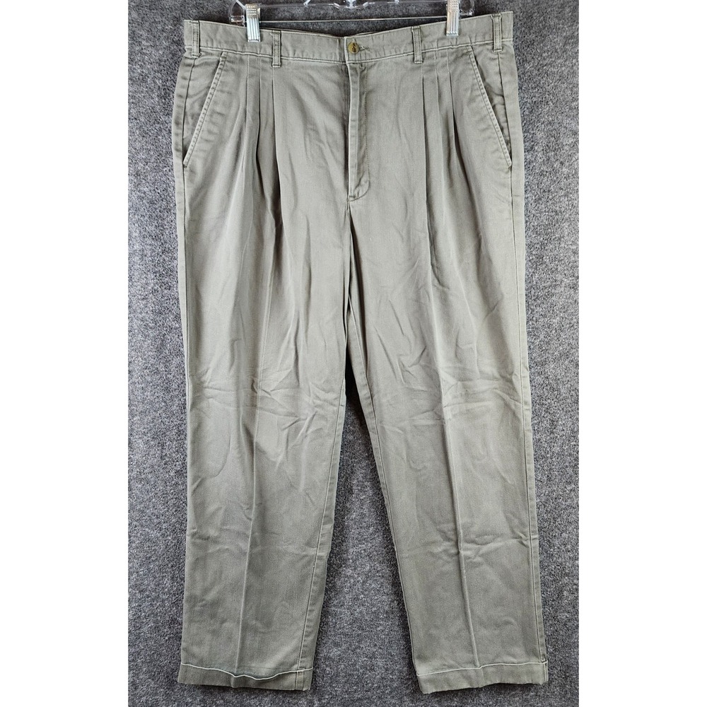 Natural Thomson Pants Mens 36x30 Pleated Cuffed Khaki Green Cotton Chino GOOD